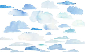 柔和藍白色調的水彩雲朵漂浮在白色背景上。