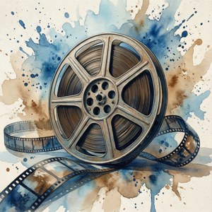水彩藝術作品，描繪一個菲林卷和膠帶，背景為藍色和棕色濺色。