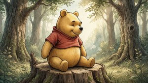 小熊維尼在森林中穿著紅色襯衫坐在樹樁上。