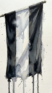 抽象水彩旗幟，帶有黑色、白色和灰色條紋，顏料滴落在有紋理的紙上。
