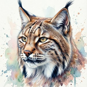 猞猁的特寫水彩畫，帶有強烈的眼神和色彩繽紛的濺灑。