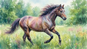 一匹棕色馬匹在野花和綠樹的田野中奔跑。