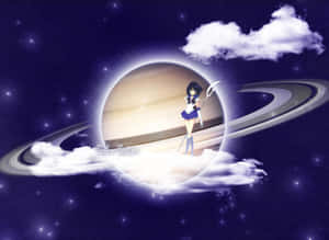 身穿水手服嘅動漫角色企喺雲上面，靠近一個發光環形行星。