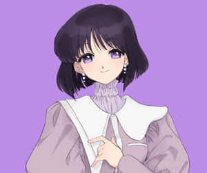 短黑髮和紫色眼睛的動漫女孩，穿著帶白色領子的薰衣草色服裝。 — 動漫女孩 壁紙