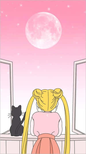 動漫女孩與貓透過窗戶看粉紅月亮