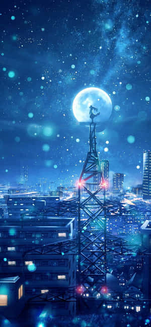 塔上的剪影俯瞰著滿月和星空下閃耀的城市。