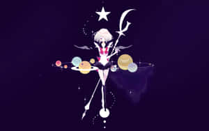 在宇宙場景中被行星和星星包圍的動漫女孩。