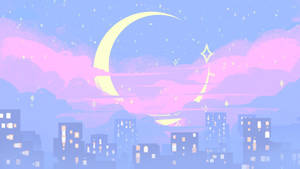 夜晚在彎月和星空下的柔和色調城市天際線。 — 美少女戰士 壁紙