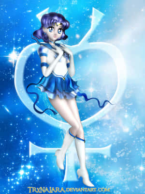 穿著藍色水手服的動漫少女被發光的愛心和星星環繞。