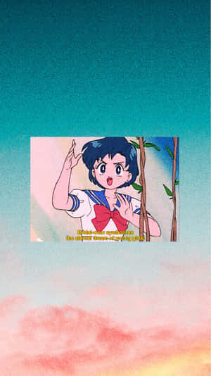 穿著水手服的動漫女孩在粉彩天空下帶著喜悅的表情揮手。