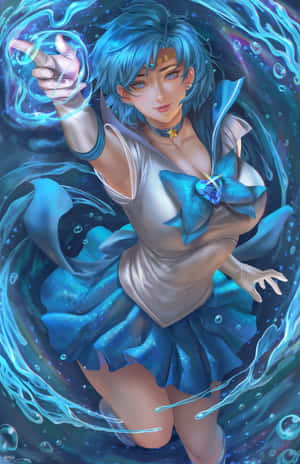 穿著水手服的動漫女孩在水下召喚發光的水魔法。