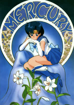 Sailor Mercury 身穿藍色水手服，在華麗的圓形框架中被白色百合花環繞。