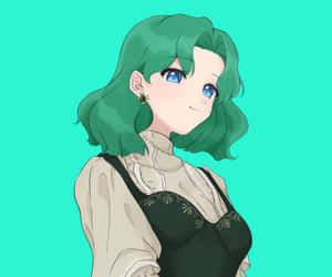 動漫女孩，綠色頭髮和藍色眼睛，在青色背景中溫柔地微笑。 — 可愛動漫女仔 壁紙