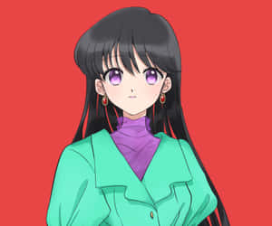 長黑髮紫眼動漫女孩，身穿綠色外套和紫色高領毛衣。 — 可愛動漫女仔 壁紙
