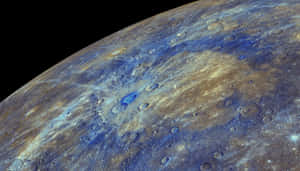 水星佈滿隕石坑的表面，在太空中帶有藍色和棕色色調。 — 月色夜空 壁紙