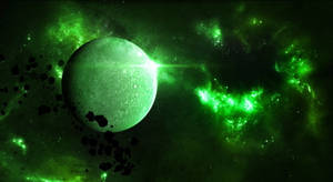 綠色行星在充滿小行星的星雲中輻射出光芒 — 太空 壁紙