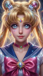 美少女戰士動漫角色，眼睛閃閃發光，宇宙背景。