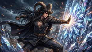 長角的動漫戰士在暴風雨的天空中通過水晶碎片施展藍色魔法。
