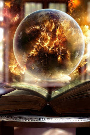 一顆熾熱行星懸浮在窗邊木桌上打開的書本上方。
