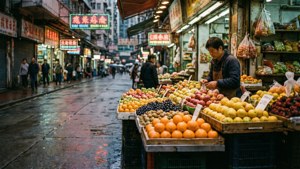 熱鬧的夜市，有水果小販和發光招牌，街道濕漉漉。