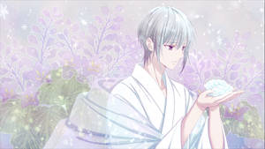 動漫男孩穿著白色長袍，在紫色花朵和雪花中抱著發光球體。
