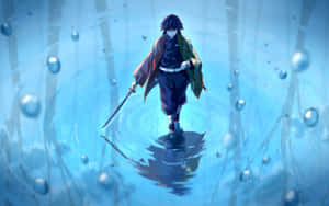 武士戰士在藍色森林環境中涉水，手持劍和氣泡。