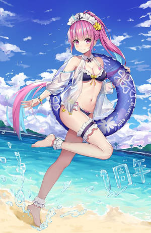 穿著泳裝的動漫女孩在陽光明媚的海灘上拿著充氣圈