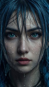 濕藍髮、綠眼睛的女子的特寫，水滴沿著她的臉頰滴落。