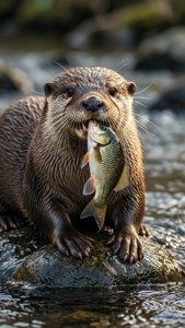 水獺在河流中叼著魚 — 水獺 壁紙