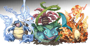 三隻寶可夢 Blastoise、Venusaur 和 Charizard 釋放水、火和草攻擊。 — 小火龍 壁紙