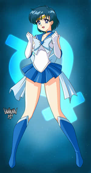 水手水星身穿藍白制服，背景是發光的宇宙