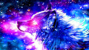 一隻發光的狼，擁有宇宙般的毛皮，背景是鮮豔的星空星雲。 — 狼 壁紙