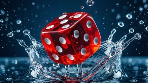 一顆紅色骰子落入水中，產生動態水花。