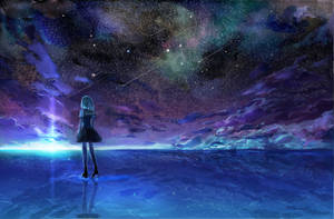 動漫女孩站在發光表面上，星空下