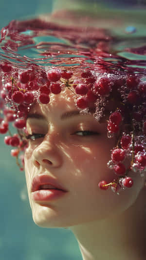 一個女人的臉部分浸在水中，紅色漿果漂浮在她的頭周圍。 — 奇幻 壁紙