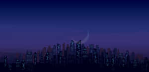 夜晚城市景觀，建築物燈火通明，深藍色天空中有一彎新月 — 夜景城市 壁紙