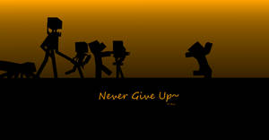 Minecraft角色在橙色日落下的剪影，帶有「Never Give Up」文字。