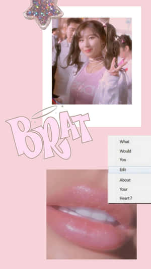粉紅色拼貼畫，一個女孩比出和平手勢，閃亮的嘴唇，帶有「BRAT」文字。