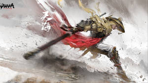 動漫戰士穿著金色盔甲，揮舞著劍，紅色斗篷在飄動。 — 動漫打鬥 壁紙