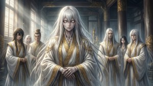 身穿白色和金色長袍的古代戰士莊嚴地站在沐浴在陽光中的寺廟大廳裡。
