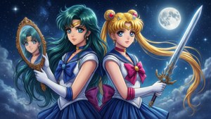 兩位身穿水手服嘅動畫女主角喺月光下手持鏡同劍。