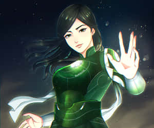 動漫女超級英雄穿著綠色套裝，在星空夜空中用手勢示意。 — 毀滅戰士：永恆 壁紙
