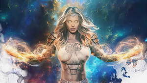 一位發光眼睛的戰士在宇宙星雲中釋放熾熱的能量。