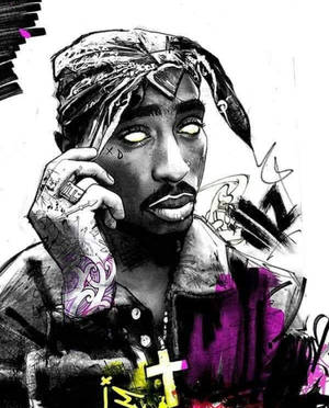 Tupac Shakur的肖像，眼睛發光，帶有紫色紋身，手持電話。
