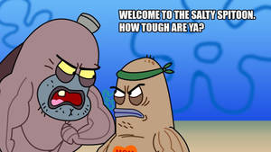 兩個憤怒的卡通角色在水下面對面，文字說歡迎來到 salty spittoon 你有多強悍