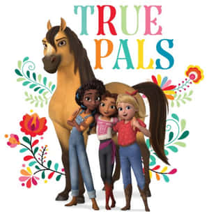 三個女孩和一匹馬，帶有花卉裝飾和標題 True Pals。