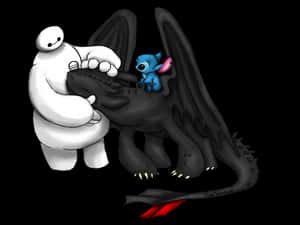 Baymax擁抱龍，Stitch騎在龍背上。
