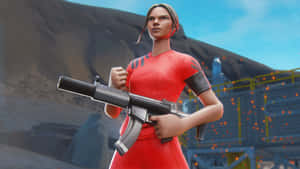 穿著紅色服裝的Fortnite角色在岩石工業環境中手持衝鋒槍。