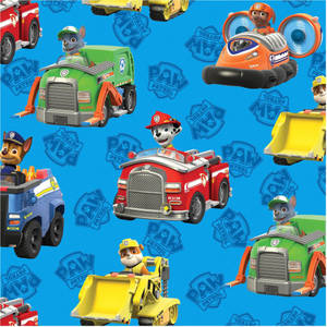 Paw Patrol 角色在救援車輛中，藍色背景上有標誌。