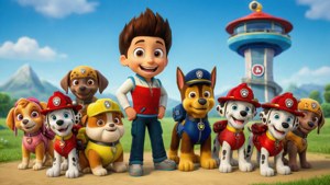 Paw Patrol 角色，包括萊德和他的救援犬，一起站在戶外。